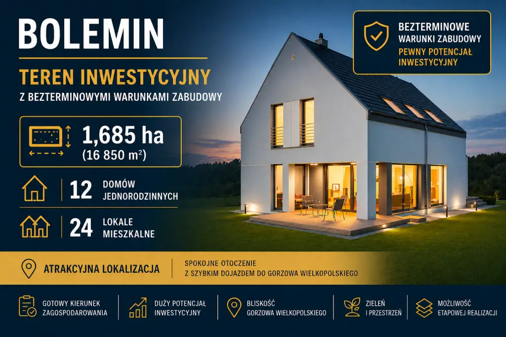 Grunt inwestycyjny 1,685 ha, WZ pod zabudowę 12 domów jednorodzinnych