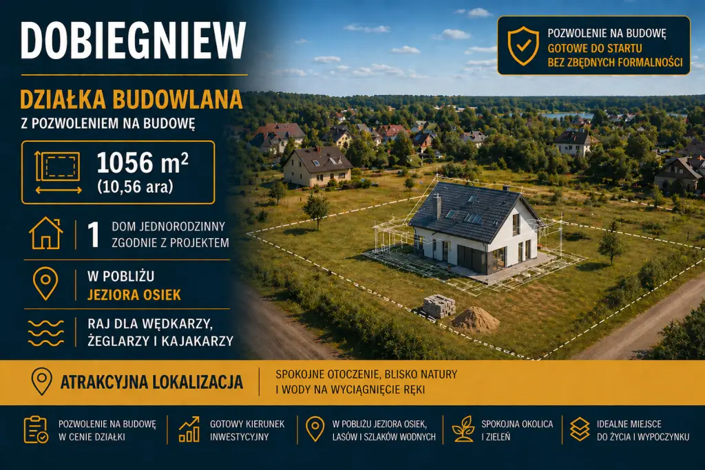 Działka budowlana w pobliżu jeziora Osiek 1056 mkw