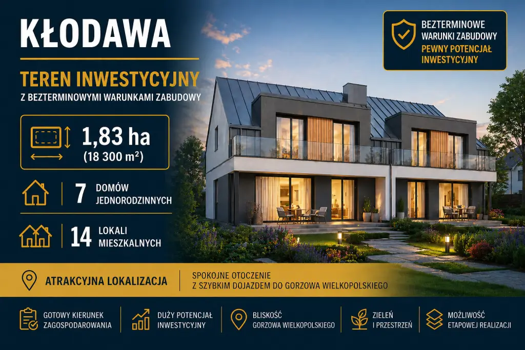 Kłodawa, 1,830 ha, WZ, 7 budynków jednorodzinnych
